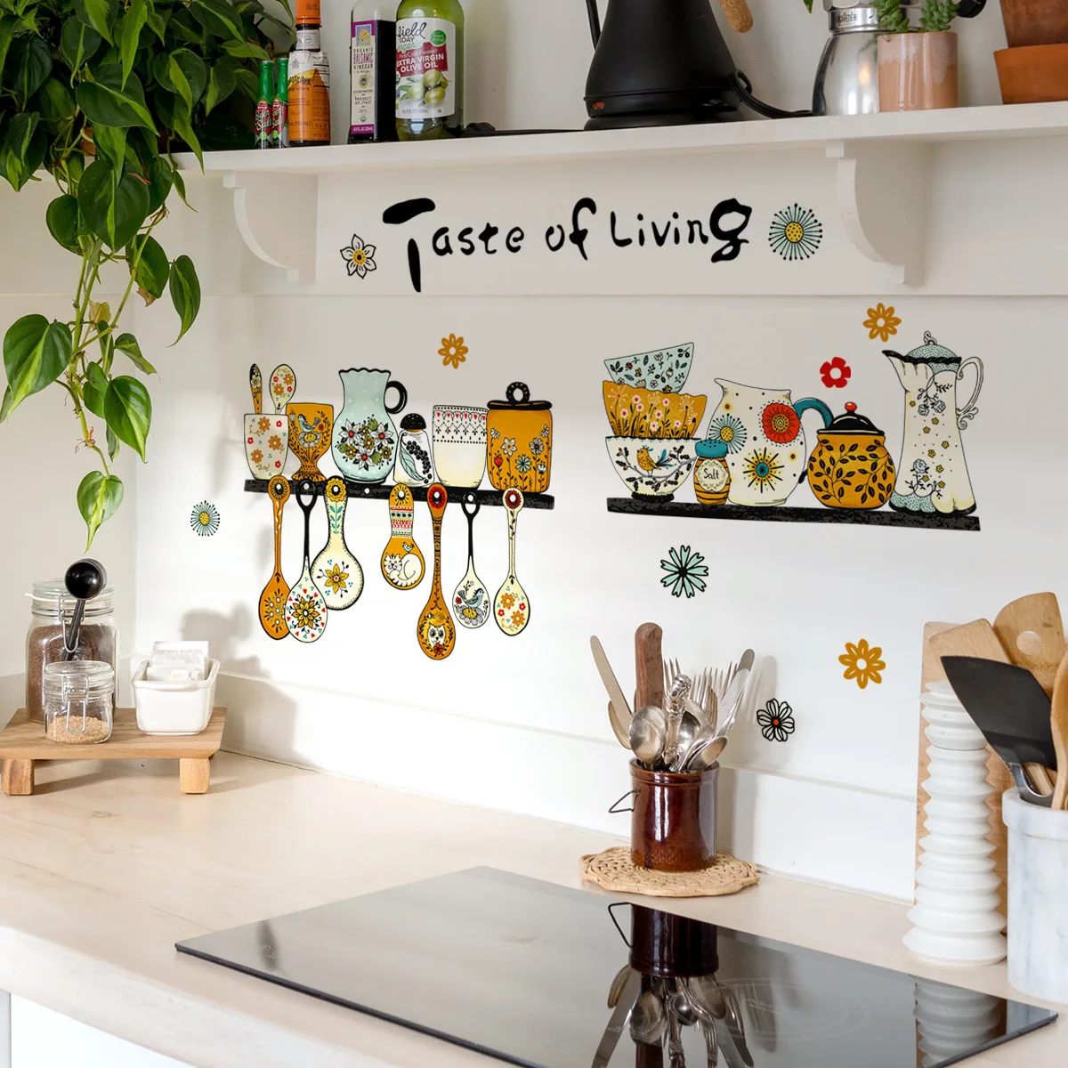 

Kitchen Stickers Retro Pattern Kitchen Tableware Self-Adhesive Wall Stickers Home Decoration Decor Home Accessories Wallpapr