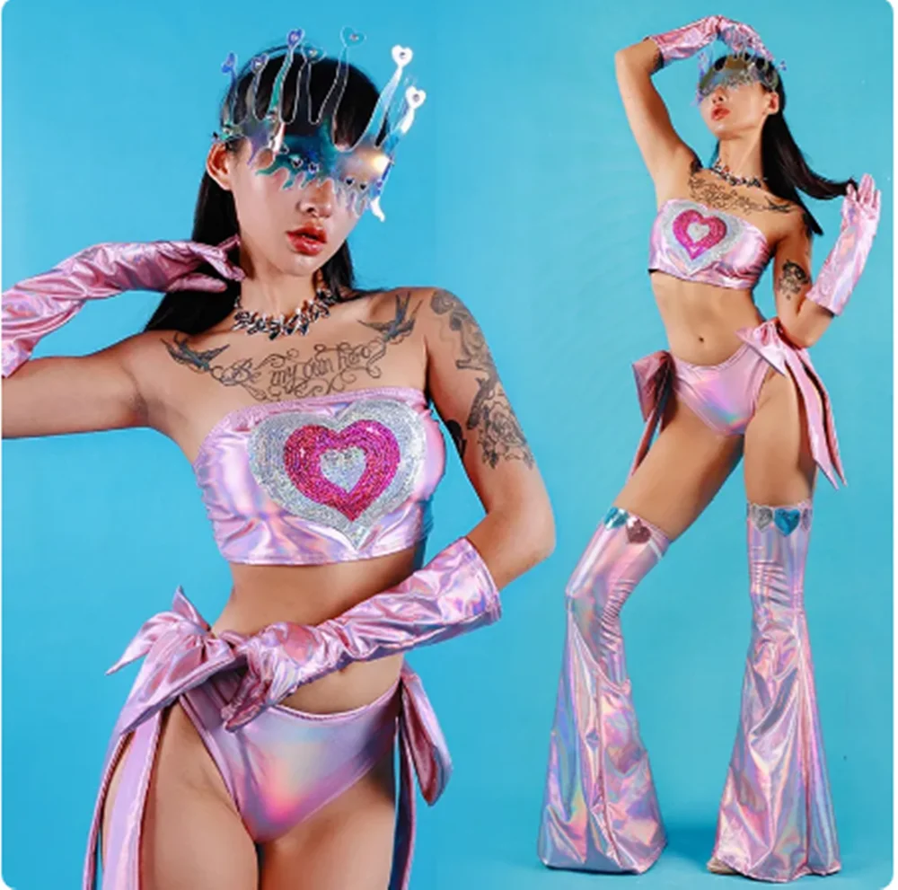 

Женский лазерный костюм для танца на шесте, танцевальная одежда в стиле ГОГО, Женская Одежда для танцев, яркий наряд с блестками, топы, Обложка для ног