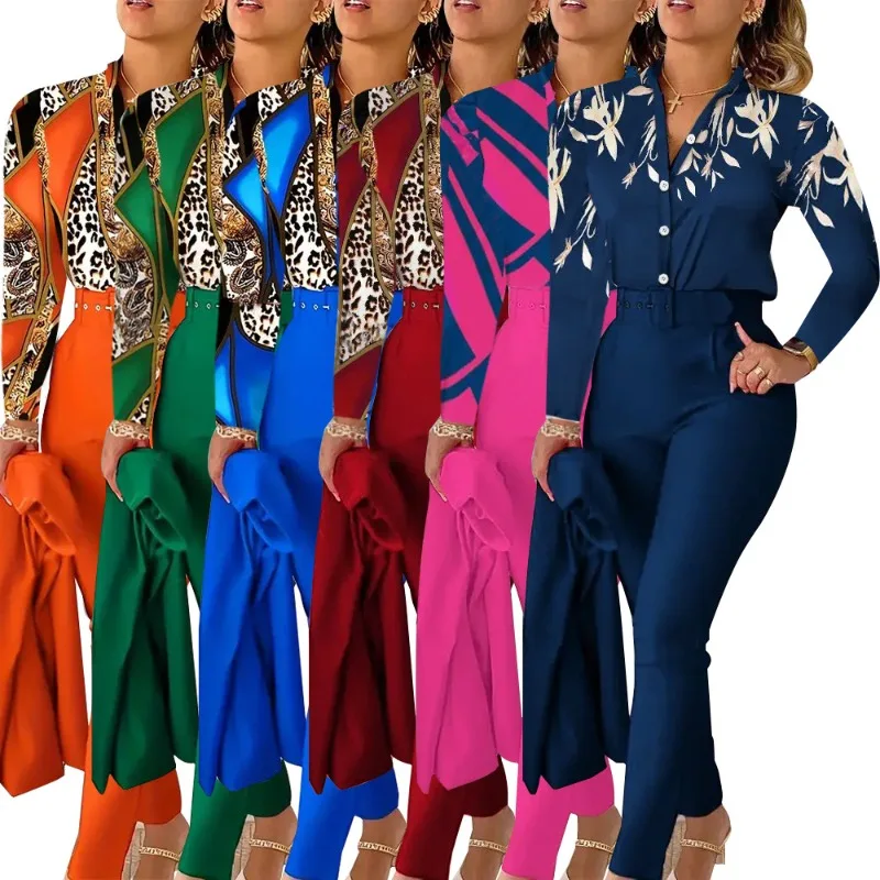 

Женский офисный комплект из двух предметов, элегантная повседневная рубашка с V-образным вырезом и длинным рукавом, брюки-карандаш с поясом, модная уличная одежда, осень 2023