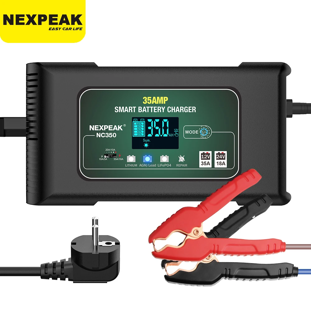 NEXPEAK 35A 12V-24V Smart Battery Charger for Car Motorcycle Battery Repair Auto Lead Acid AGM GEL PB Lithium LiFePo4 Battery