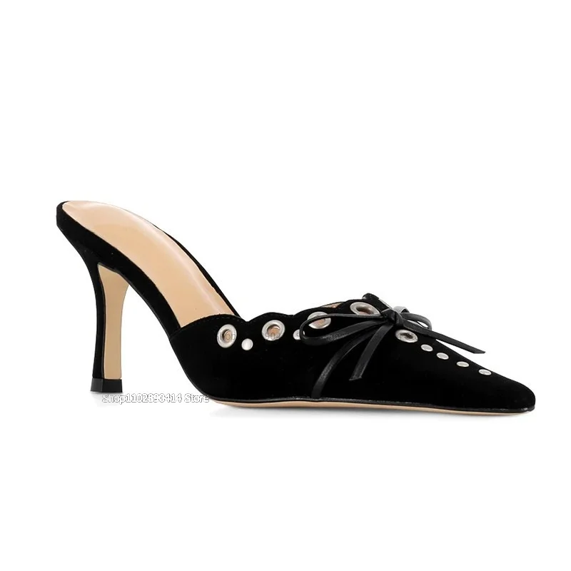 Женские ажурные Шлепанцы из флока черные шлепанцы на тонком каблуке с острым