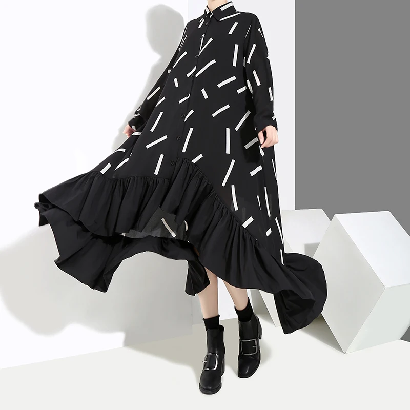 

2022 New Ruffles Women Dresses Loose Long Striped Turn-down Lady Dresses New Design Fashion Outwear Tops