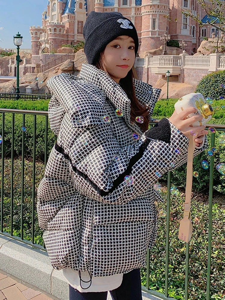 2022 New Winter Women's Down Jacket Oversized Hooded Plaid Puffer Coat 90% White Duck Down Parkas Thick Warm Loose Snow Outwear