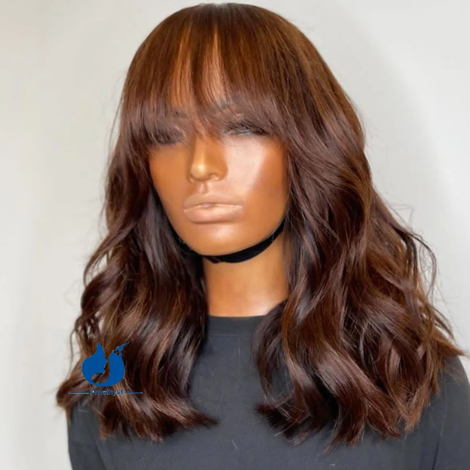 Парик Dark Auburn с коричневым Бобом 100% натуральные волосы для женщин челкой
