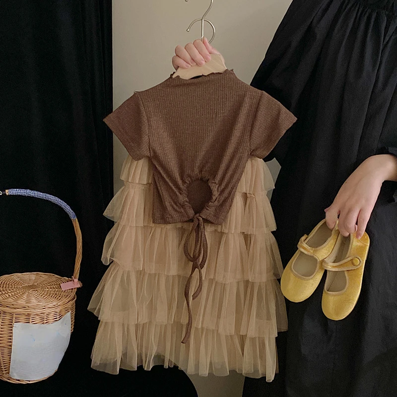 

Summer Baby Girls Clothes Sets Children's Suit Kids Solid Short Sleeve Shirts Tulle Cake Skirts Suits Clothing Outfit