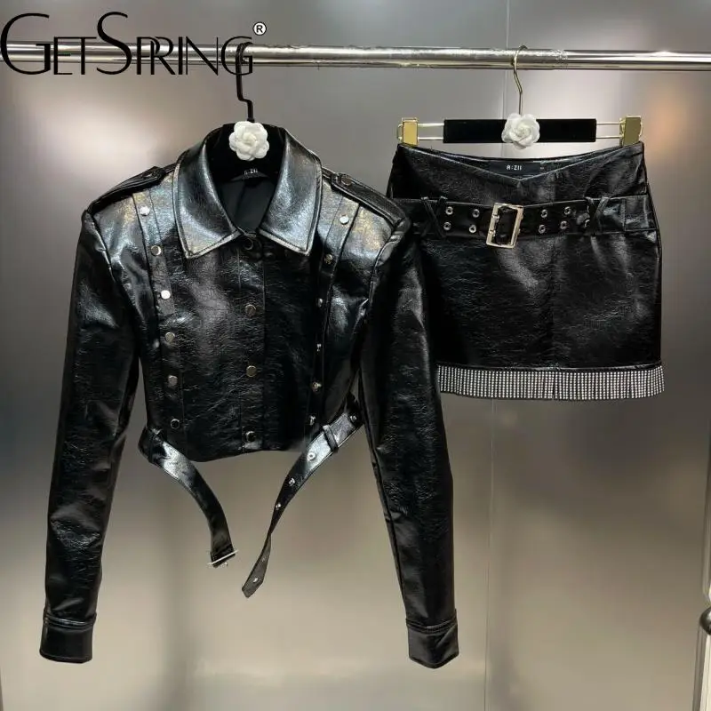 

GetSpring Women Skirt Sets 2022 Shoulder Pad Single Breasted Bright Leather Coat High Waist Tassel Mini Skirt Two Piece Sets New