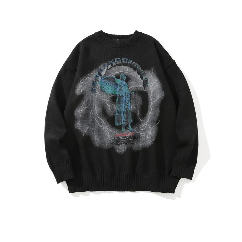 Men Hip Hop Knitted Jumper Sweaters Angel Lightning Printed Streetwear Harajuku Autumn Oversize Hipster Casual Pullovers