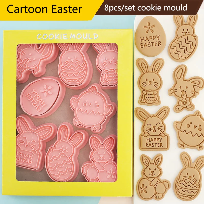 

8pcs/set Easter Biscuit Mold Cartoon Easter Egg Rabbit Three-dimensional Pressing Cookie Fondant Baking Tool