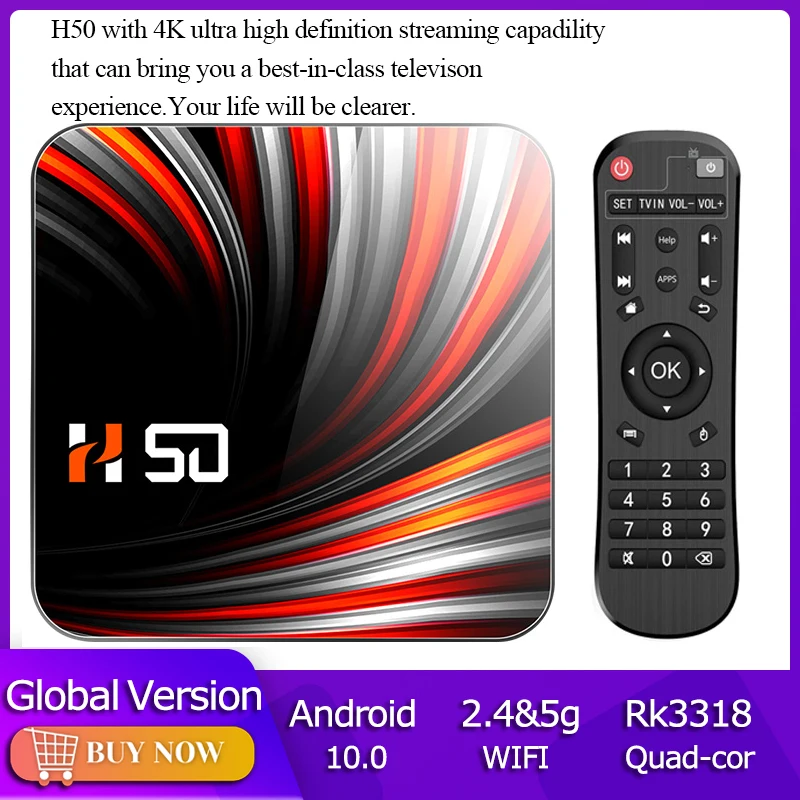 

Приставка Смарт-ТВ H50, Android 10,0, Wi-Fi, BT4.0, RK3318, 4 + 64 ГБ, 4K, 3D, 2,4/5 ГГц