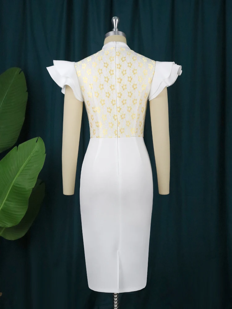 AOMEI Plus Size White Dress Ruffles Women Bodycon Gold Lace Patchwork Party Elegant Robes Christmas Evening Prom Celebrate Event