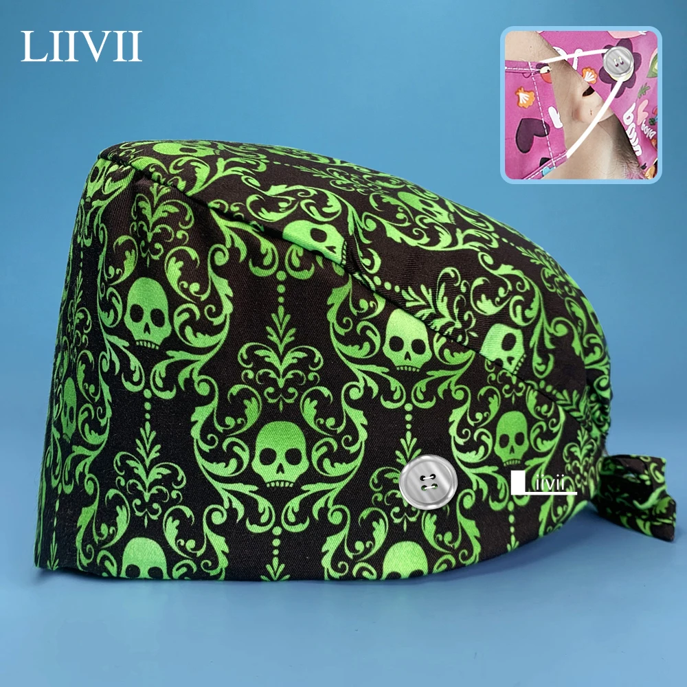 

Skull Print Scrub Cap Dental Hospital Surgery Caps Frosted Fashion Pet Grooming Agency Gourd Hats Unisex Chemotherapy Beauty Hat