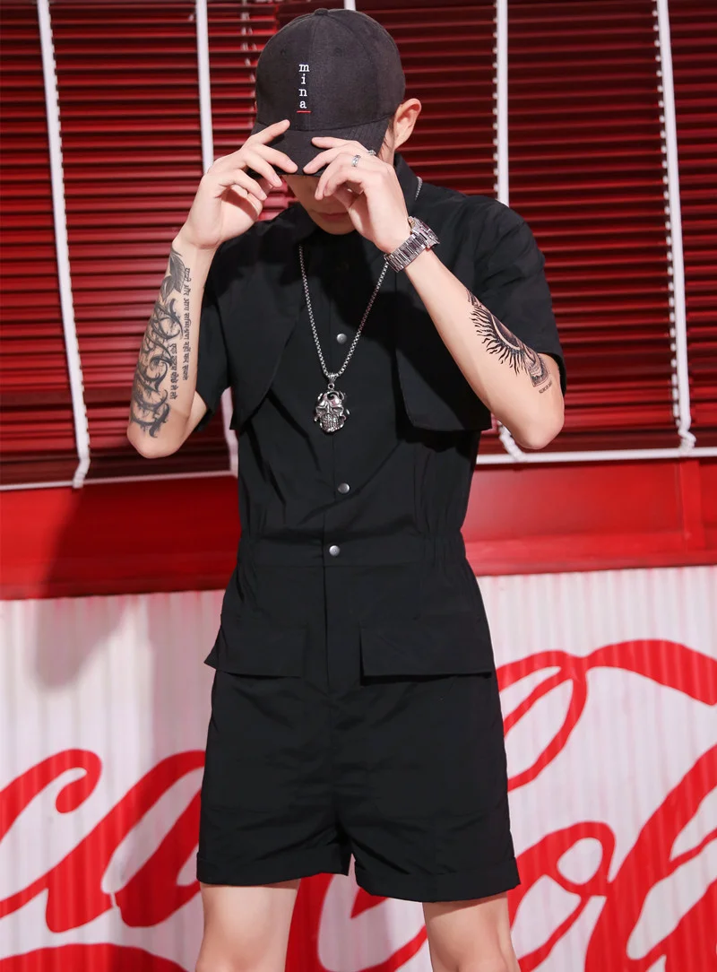 

Summer New Personality Fashion Rompers Men's Short-sleeved Fake Two-piece Casual Shorts Pants Male Trendy Hair Stylist Jumpsuit
