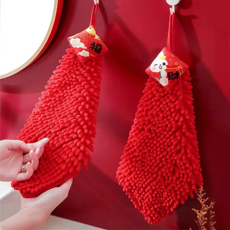 

Red Chenille Soft Hand Towel Chinese Style Quick-Dry Absorbent Cartoon Wipe Handkerchief for Home Bathroom Embroidery Towels