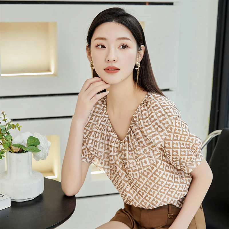 Женская шифоновая рубашка Beau Garden лето 2023 новый двухслойный топ с v-образным