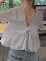 celmia korean style chic blouse women sexy backless bowknot peplum shirt casual o neck short sleeve summer tunic lady short tops