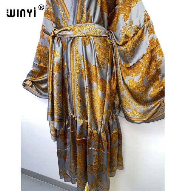 2022 WINYI Middle East Daily prom dress Positioning printing Self Belted Women Summer Clothing Kimono Dress Beach Wear Cover Up 6