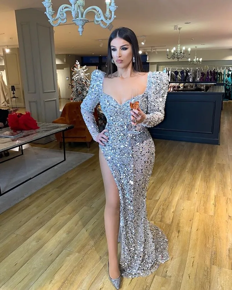 

Arabic Sparkly Sequined Mermaid Prom Dress Puff Long Sleeves Sweetheart Slit Evening Formal Engagement Gowns Robe De Soiree