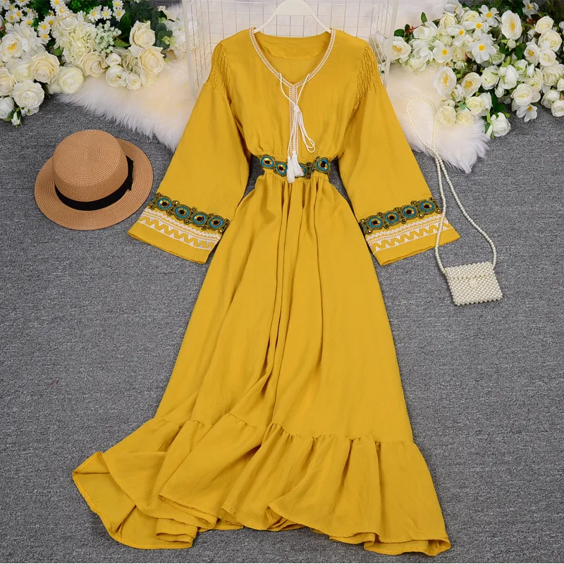 

Vacation embroidery Dress Summer Elegant Women Dresses Long Sleeve Casual Ruffled A-line Dresses Female