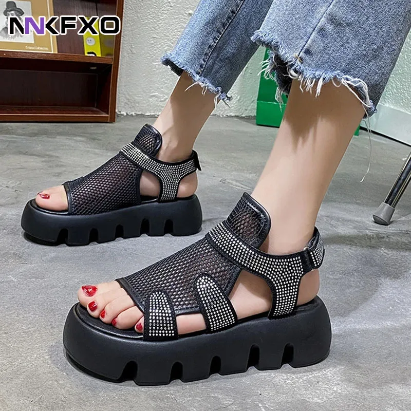 

2022 summer Sandals women new fashion thick-bottomed breathable Eugene yarn mesh magic paste Roman sandals Hook & Loop vc3891
