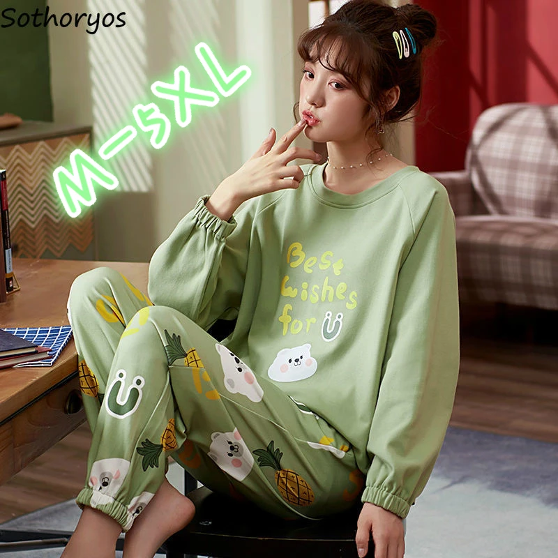 

Pajama Sets Women Printed Basic Cozy 5XL Loose Autumn New Cotton Pajama Set Girls Breathable Korean-style Flesh Sweet Trendy Ins