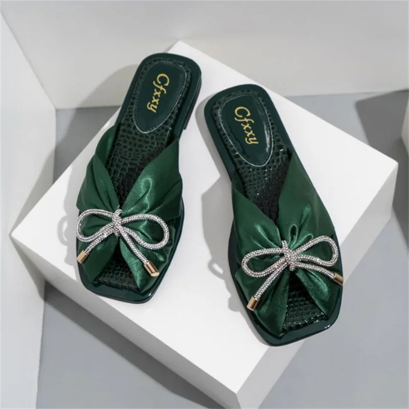 

Summer Women Slippers Ribbon Bowknot Flat-Bottom Women's Sandals Stone Pattern Square Toe Women's Shoes Slippers Women's Sandals