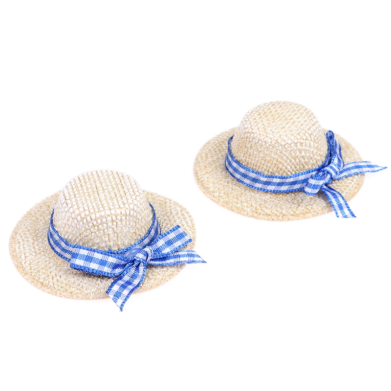 

2Pcs/set Miniature Straw Hat Mini Doll Flocking Bow Hat Doll House Ornament Hand Weaved Dollhouse Accessories ID 3CM OD 6CM