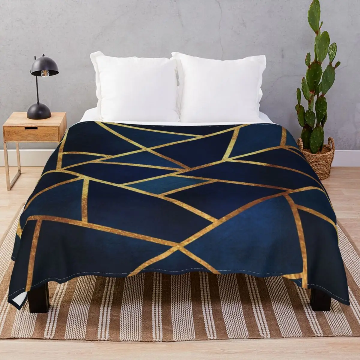 Navy Gold Stone Geometric Blankets Flannel Spring Autumn Multi-function Throw Blanket for Bed Sofa Travel Cinema
