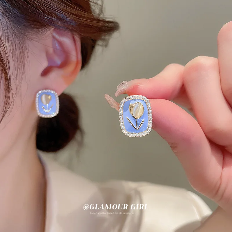 

French Temperament Blue Pearl Opal Flower Stud Earrings for Women Girls 2023 Trendy Sweet Causal Earrings Lady Cute Jewelry Gift