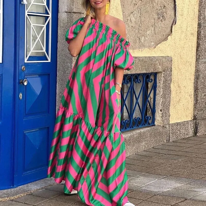 

Vintage Stripe Print Pleated Long Dress 2023 Summer Sexy Off Shoulder Loose Party Dress Women Casual Short Sleeve Beach Dresses