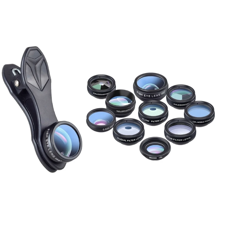 

Набор объективов для камеры телефона 10 в 1 2X телеобъектив 198 широкоугольный объектив и макрообъектив 15X ° объектив «рыбий глаз» калейдоскопы