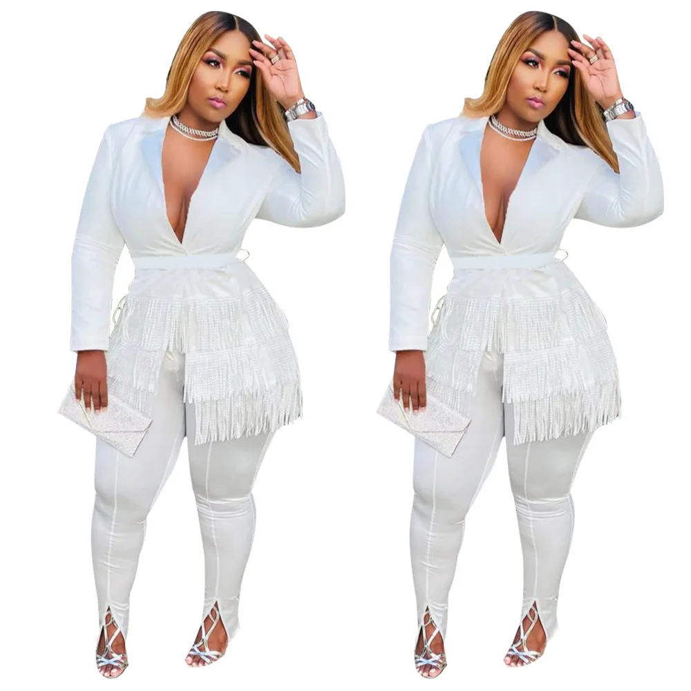 

2022 Summer Women Sexy Nightclub Solid Color Tassel V-neck Small Suit Rome Suit