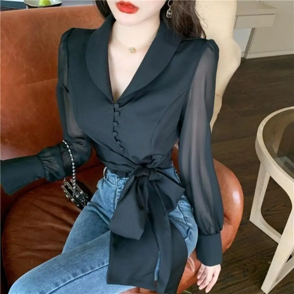 

Women Blouse Fashion Elegant 2022 Kong Style V-neck Long Sleeve Bow Belt Chiffon Shirt Office Lady Business Hipster Generous Top