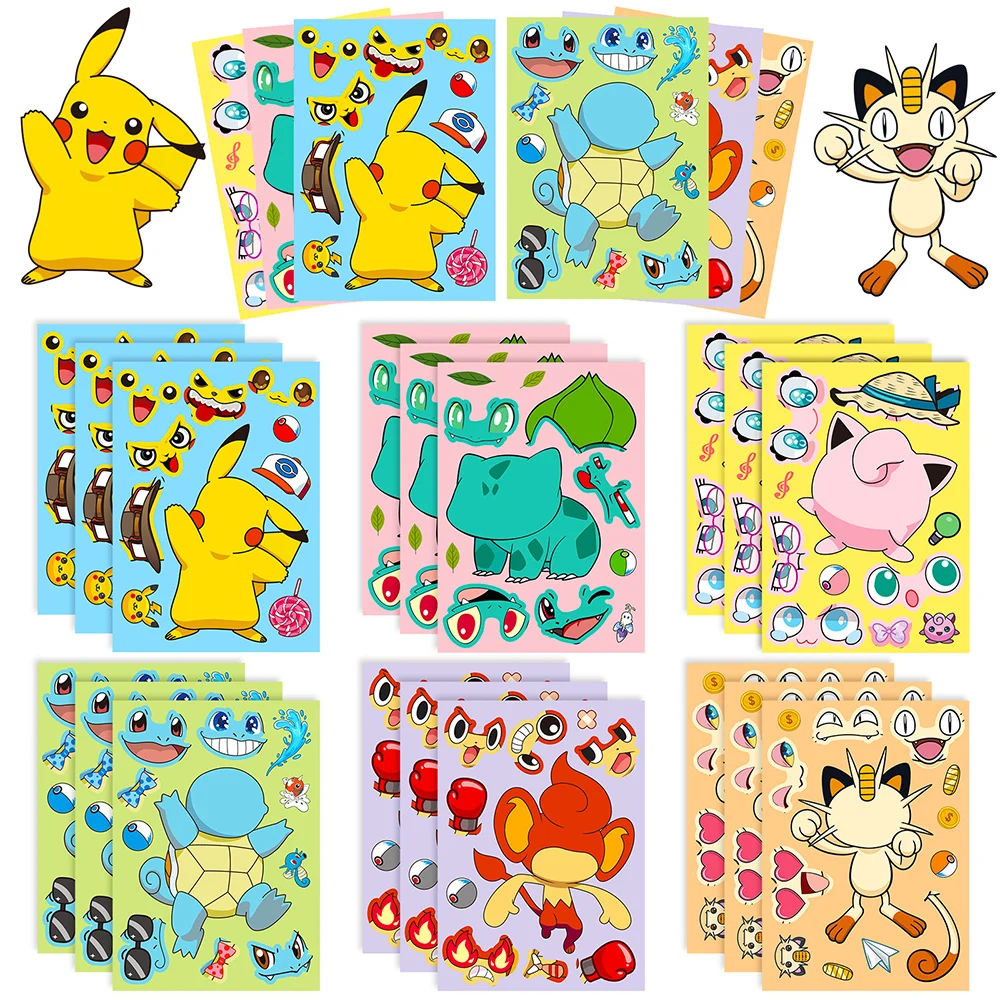 

6/12Sheets Cute Pokemon Children Puzzle Stickers Anime Make-a-Face Cartoon Decal Assemble Jigsaw Kawaii Kids DIY Sticker Books