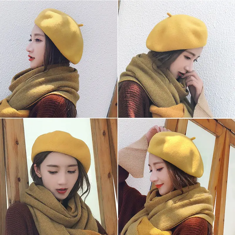 

New Autumn Winter Wool Woolen Beret Hat 70g Weight Girl Women Casual Vintage Round Artist Pumpkin Caps Gorros