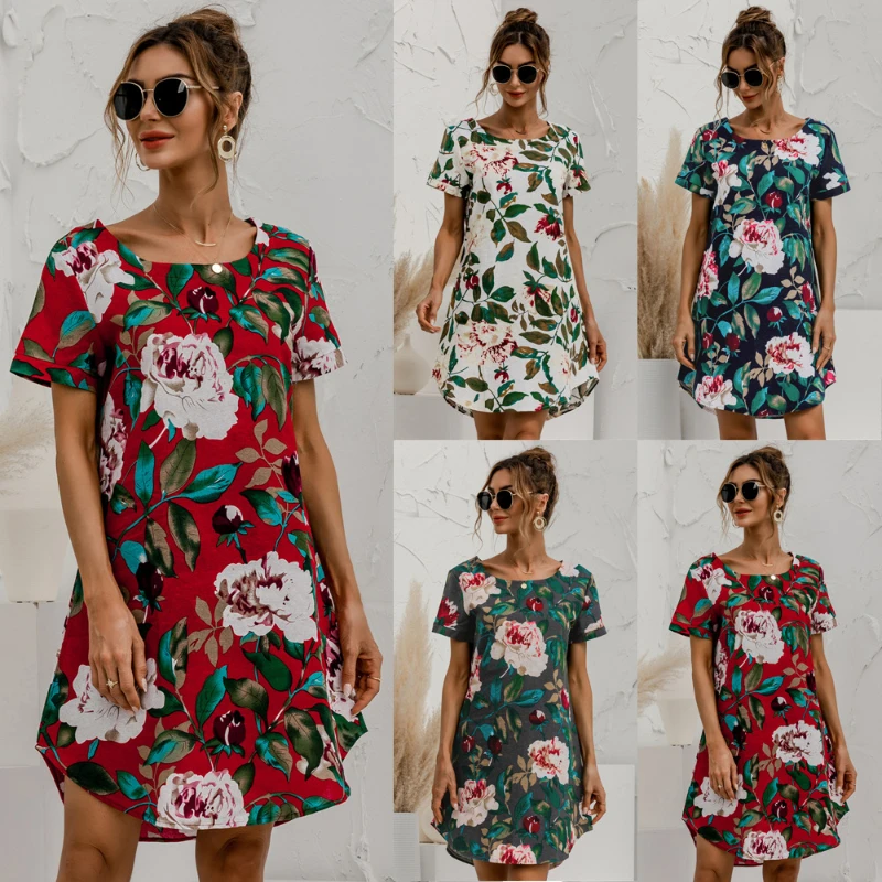 

Vintage Floral Mini Skirt Women's Summer Elegant Linen Short Sleeve Boho Dress Women Holiday Sundress Party Dress Vestidos