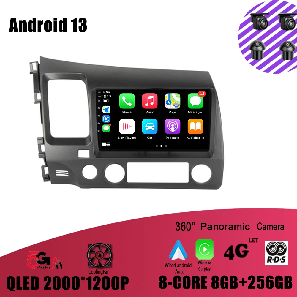 

Автомагнитола для Honda Civic 8 2005 - 2012 с навигацией, GPS, DSP, Carplay, Wi-Fi, No Din, Android 13, мультимедийный плеер