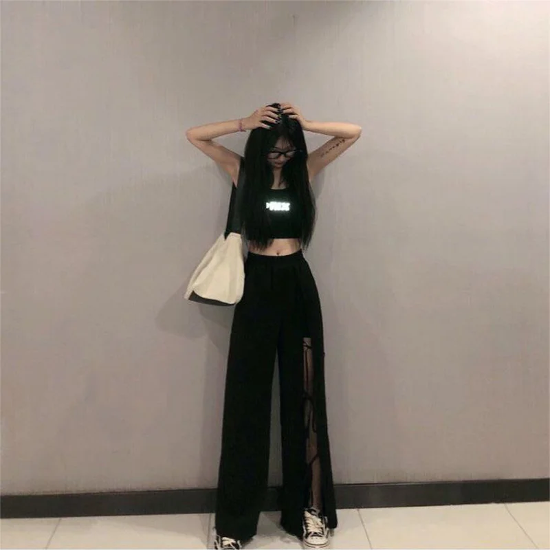 

Новинка лета 2022, индивидуальные Свободные повседневные брюки на бретелях с разрезом, облегающие универсальные прямые брюки большого размера с высокой талией, женская одежда