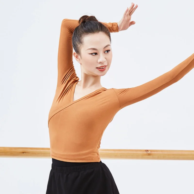 

Женская эластичная блузка для латиноамериканских танцев, с V-образным вырезом и длинным рукавом, тренировочный топ, 2023