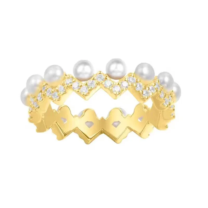 SLJELY Luxury S925 Sterling Silver Up and Down Zigzag Finger Ring with Pearls Cubic Zirconia Stones Women Fashion Party Jewelry | Украшения