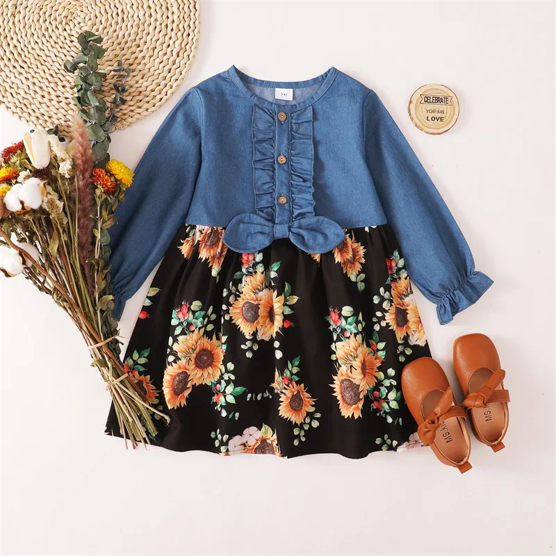 

Hibobi Baby Girl Stitching Sunflower Pattern Ruffle Bow Dress Skirt