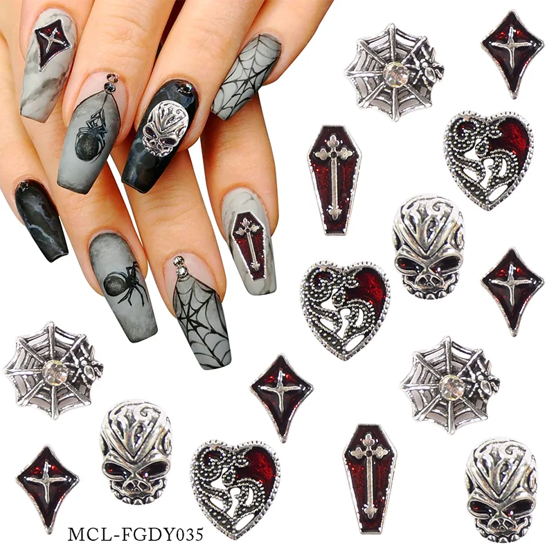 

30PCS Stereoscopic Retro Dark Skull Cross Spider Nail Charm 2023 New Halloween Heart-Shaped Coffin Nail Art Nail Accessories
