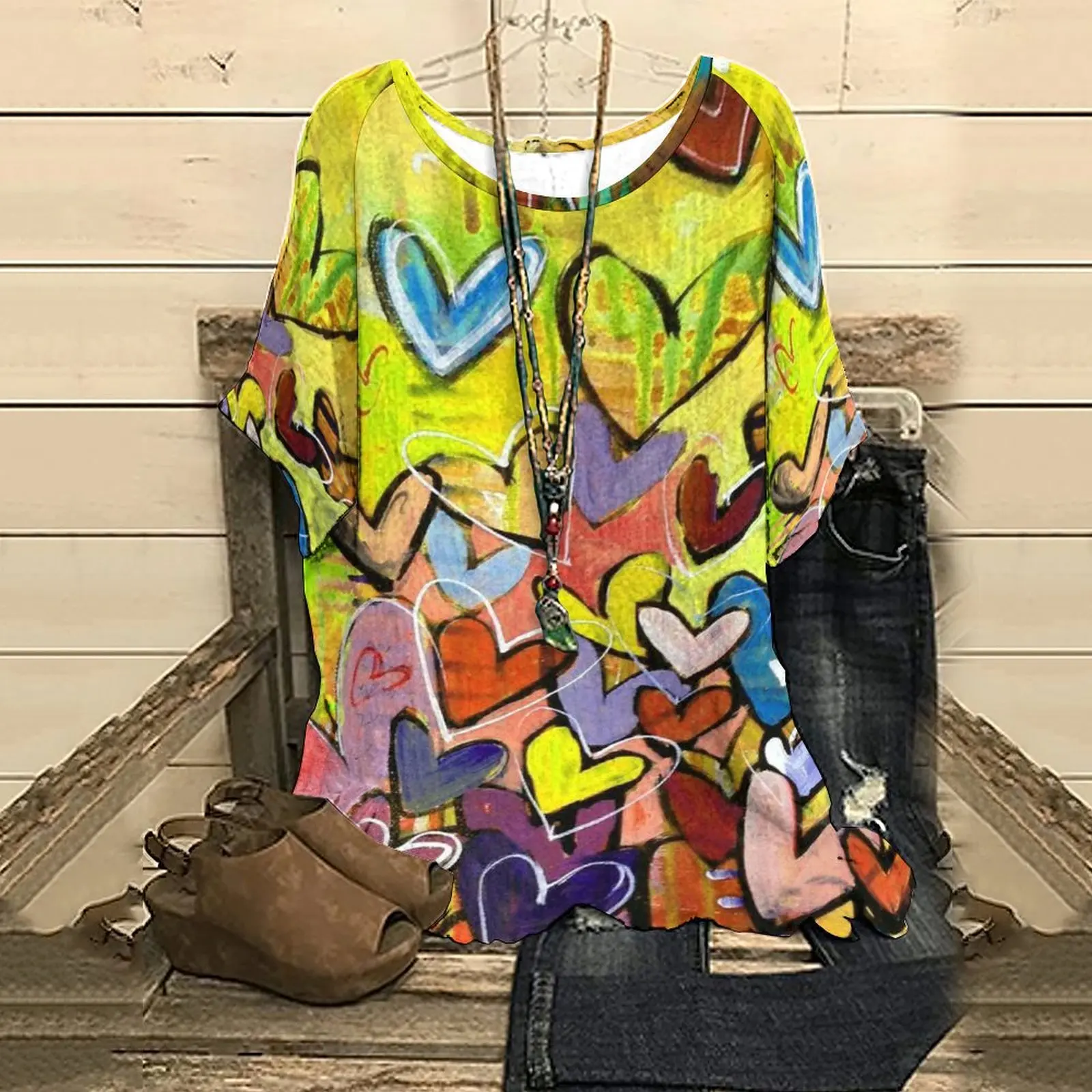 

Летняя женская футболка с рукавом до локтя, футболка с радужным принтом сердец для пар, винтажные Топы Y2k, топ, футболка