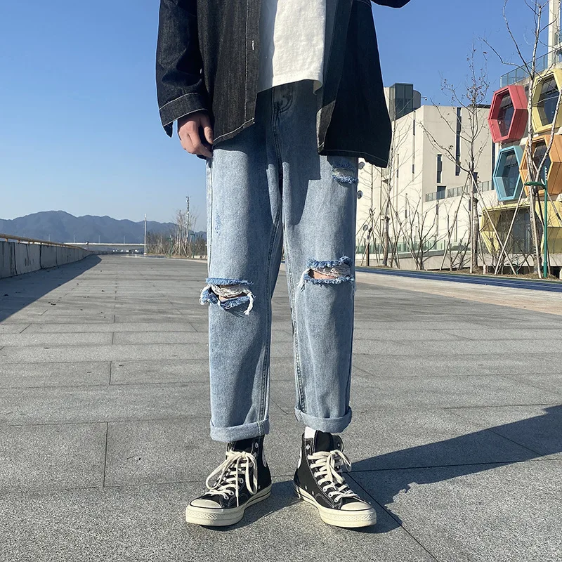 New Men's Ripped Jeans Ins Trend Solid Color Wide-leg Ripped Straight Nine-point Pants Fashion Streetwear Men джинсы для мужчин