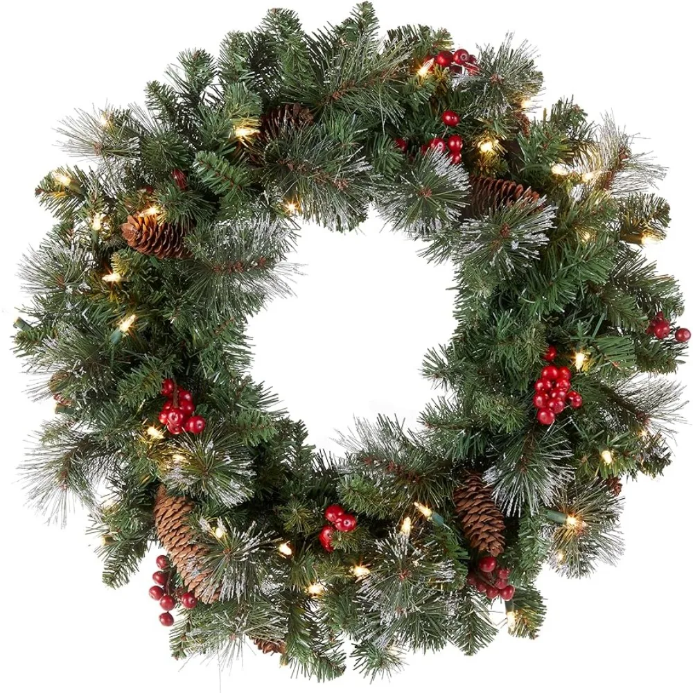 

Pre-Lit Artificial Christmas Wreath, Green, Crestwood Spruce, White Lights, Decorated with Pine Cones, 24 Inches