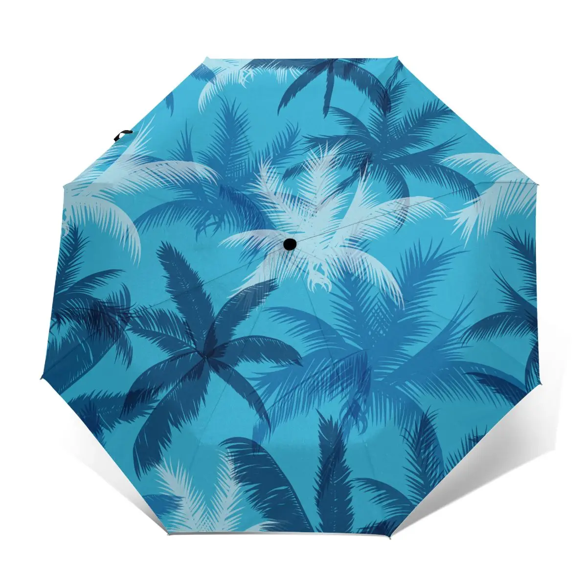 

Automatic Umbrella Rain Women Three-folding Umbrella Tropical Palm Leaves Blue Windproof Umbrella Female Waterproof parasol