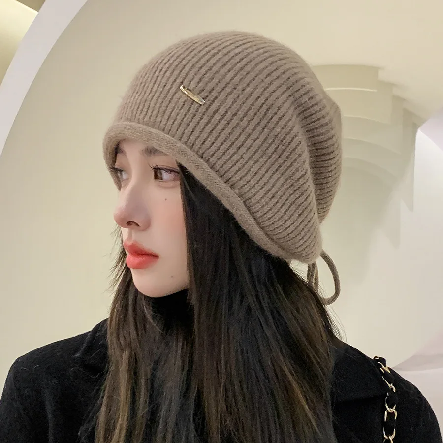 

Новинка, трендовые осенне-зимние шапки из кроличьего меха для женщин, Модная вязаная шапка на шнурке, мягкая теплая зимняя шапка для девочек