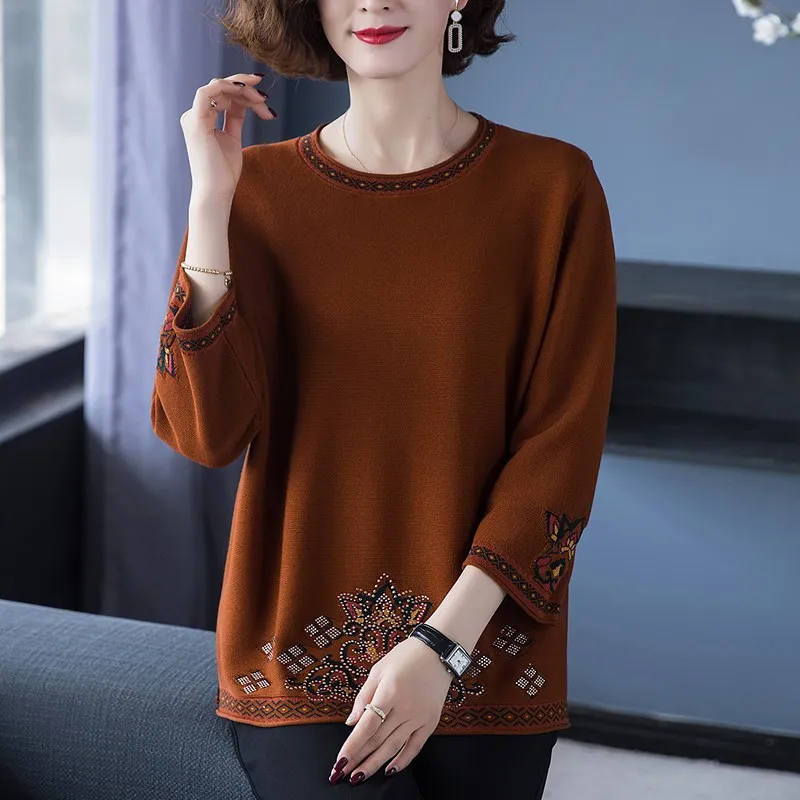 Mom Ice Silk Knit с рукавами 3/4 свободный топ закрывающий живот ранняя осень одежда для