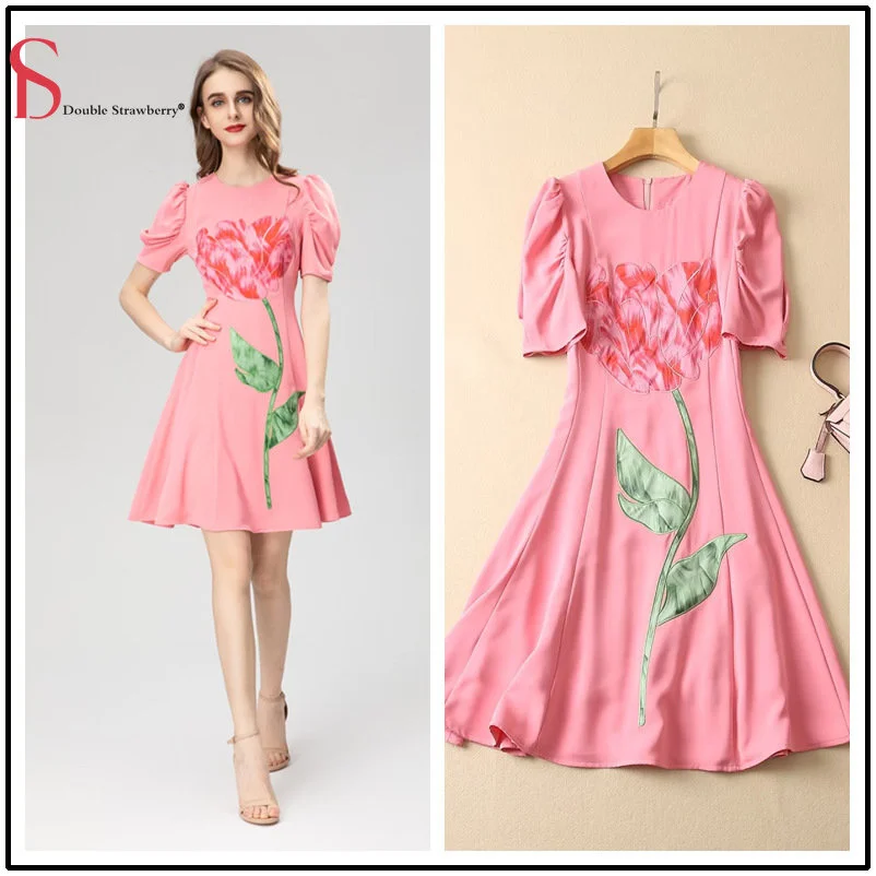 

Женское платье с вышивкой, тонкое платье с рукавом-пузырьком и цветочной вышивкой на талии, весна-лето