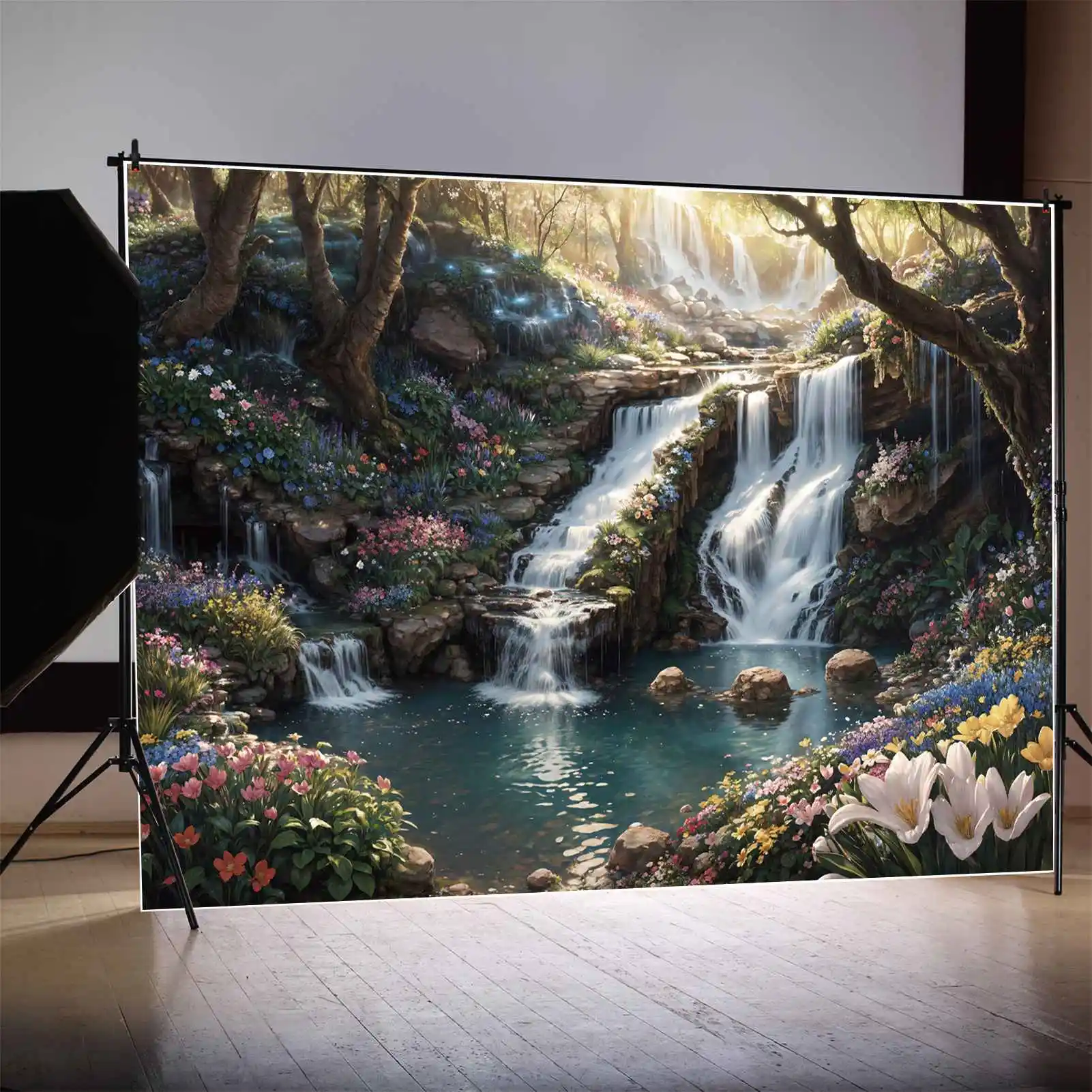 

Spring Mountains Party Backdrops Photography Decor Waterfall Lakes Gold Sunshine Custom Children Photo Booth Photo Backgrounds