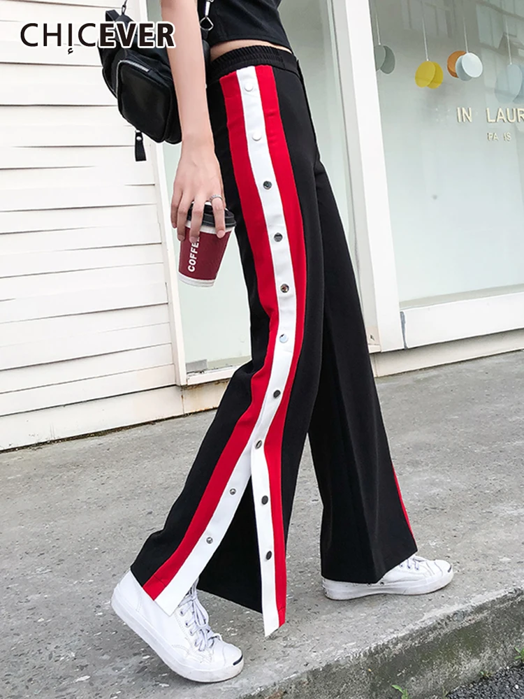 

CHICEVER Casual Colorblock Pants For Women High Waist Patchwork Buttons Loose Long Trousers Female 2022 Spring Clothing Fashion